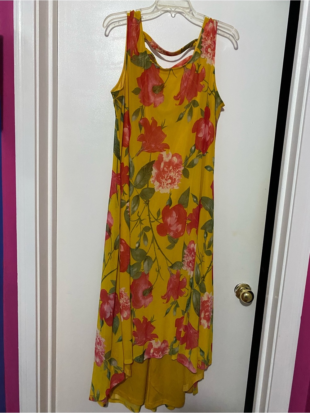Nina Leonard Yellow Floral Sleeveless High-Low Dress with Pink Blooms